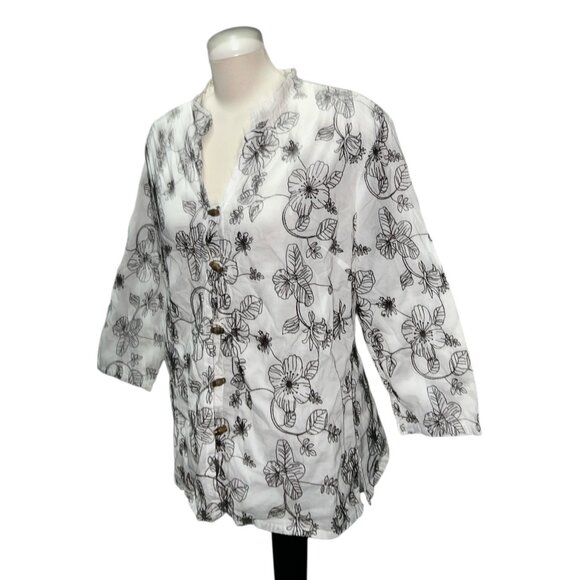 Charter Club Womens White & Black Floral Embroidered Cotton Button-Down Blouse S - Picture 8 of 13